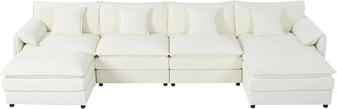 143.31" Oversized Extra Deep Seat Modern Chenille Cloud Couch, Large 4 Seater U Shaped Modular Sofa for Living Room,Bedroom,Apartment,Office(White, 143.31 Inch-U Shape)