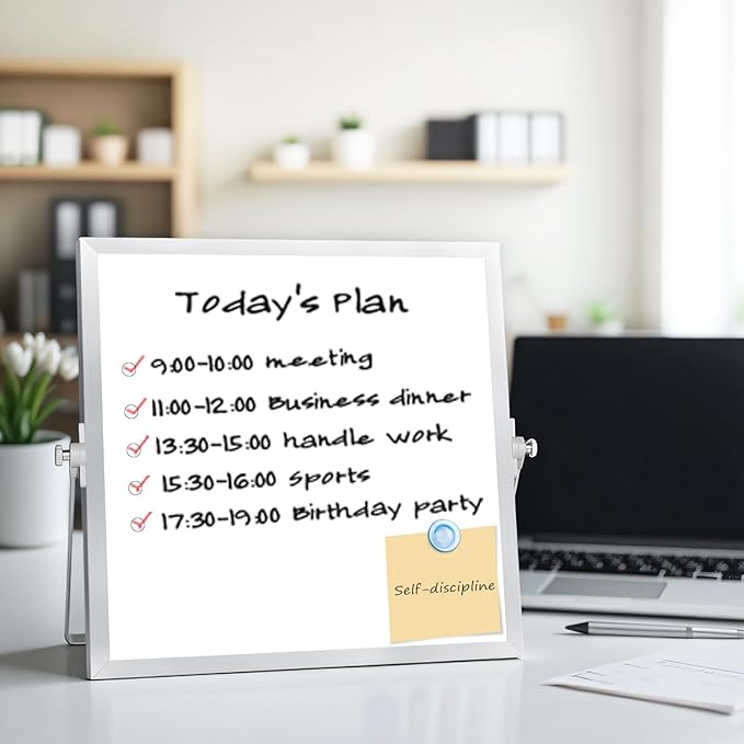 Small Desktop White Board with Stand, 10" x 10" Double-Sided Silver Aluminium Frame Whiteboard for Kids, Mini Dry Erase Board for Home, Office, School