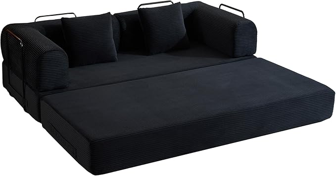 Convertible Sleeper Sofa Bed with Fixed-Shape Frame, Corduroy Folding Boneless Couch with Cylindrical Pillow, Comfy Floor Sofa Couch for Living Room, No Assembly Required, Black