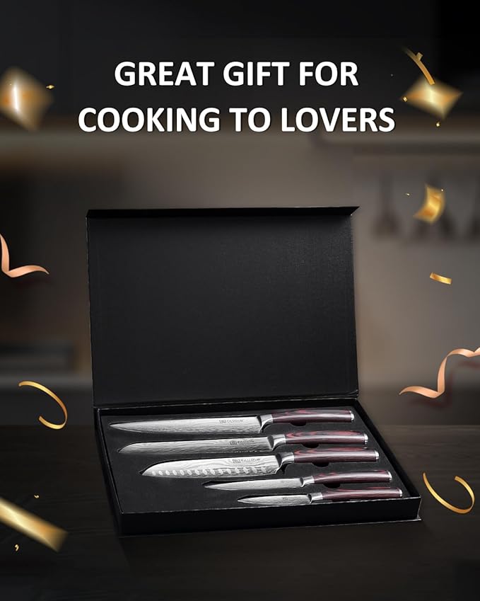 PAUDIN Knife Set, 5PCS Kitchen Knife Set without Block, Stainless Steel Chef Knife Set with Pakkawood Handle, Professional Kitchen Gift Sets for Cooking Lovers & Farther's Day