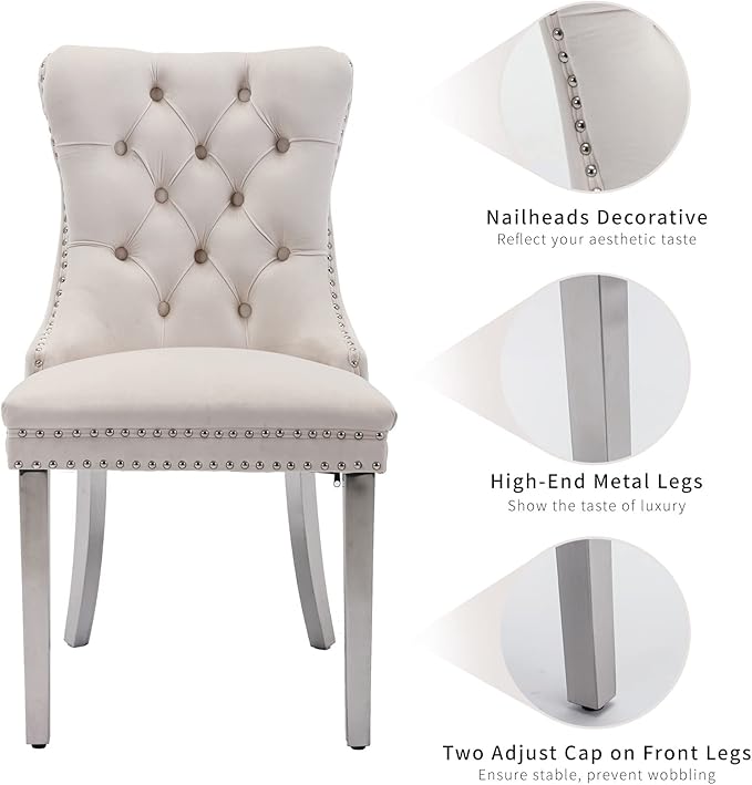 Luxury Upholstered Dining Chairs Set of 6, Beige Kitchen Chair with Silver Metal Legs, Velvet Tufted Back Dining Chair, Sillas de Comedor, Modern Kitchen & Dining Room Chairs (Beige, 6 Pcs)