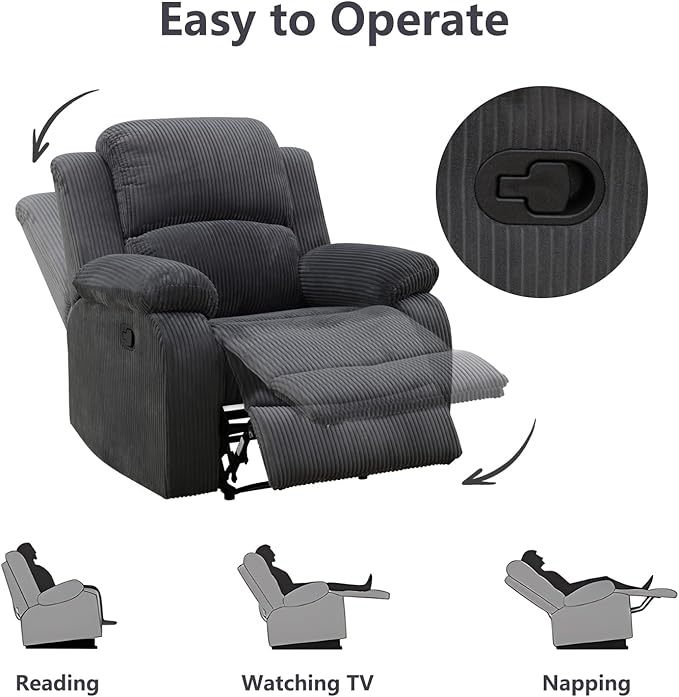 Manual Recliner Sofa Set,Corduroy Reclining Couch Set,Modern Living Room Furniture Set,Reclining Sofa Couch Chair for Living Room Home Office(Dark Grey,3 Pieces Set)