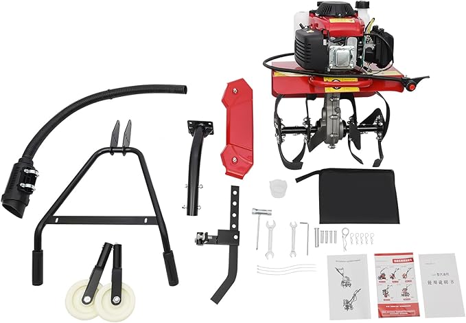 Garden Tiller Cultivator, 4-Stroke 63CC Gas Powered Tiller Cultivator Garden Yard Rototiller Tilling Tool Gas Tiller- Ideal with Long Handle for Plowing Turning Soil Ditching