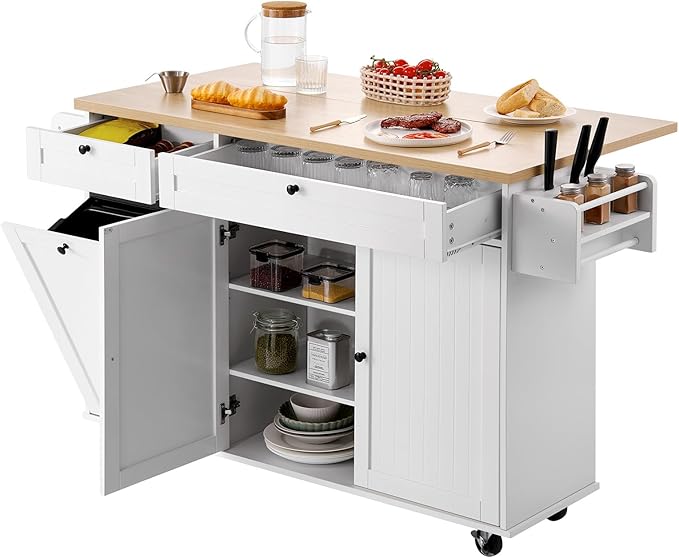 VEVOR Kitchen Island Cart with Storage, 60in Wide Mobile Kitchen Cart with Wheels, Drop Leaf, 2 Drawers, Trash Can Cabinet, Knife Holder, Spice Rack, and Towel Rack, Table for Dining Room, Pantry