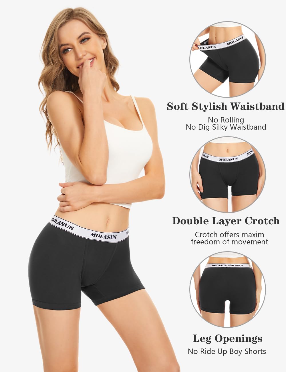 Molasus 4.5" Inseam Womens Trunks Underwear Soft Cotton Boxer Briefs Ladies Anti Chafing Boy Shorts Panties Pack of 4