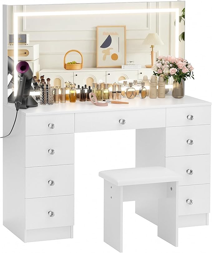VOWNER Vanity with Lighted Mirror - 47" Makeup Vanity Desk with 9 Drawers and Power Outlet, 3 Color Lighting Modes Adjustable Brightness, Makeup Desk with Soft Cushioned Stool for Bedroom, White