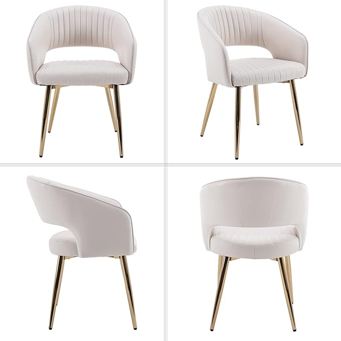 Modern Dining Chairs Set of 8, Upholstered PU Leather Gold Dining Room Chairs with Hollow Back, Accent Armrest Kitchen Chairs with Gold Legs for Living Room Cream