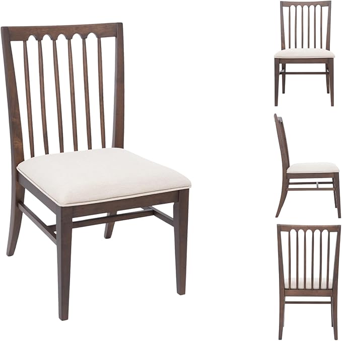 chairus Upholstered Kitchen Chairs Set of 2, Walnut Wooden Barrel Dining Chairs with Slat Back Double-Layer Cushion Farmhouse Accent Chairs for Dining Room/Living Room/Restaurant, Linen Beige