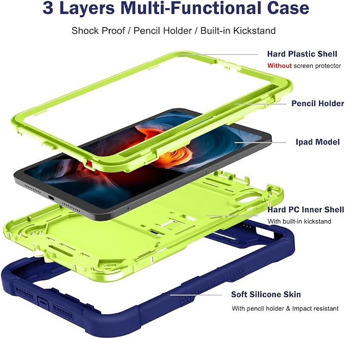 MAKEIT Case for iPad mini 7 (A17 Pro) 2024 iPad mini 6 Case (8.3-Inch2021 Model) with Pencil Holder Heavy Duty Shockproof Full Body Protective Case with Stand for iPad mini 6th/7th Generation Case