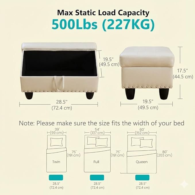 Simple Deluxe Ottoman with Storage Bench Chair, 28.5" L x 19.5" W x 17.5" H Synthetic Leather Foot Rest Stools,Ottoman Storage Chest Box with Padded Seat for Bedroom, Living Room, Entryway,White
