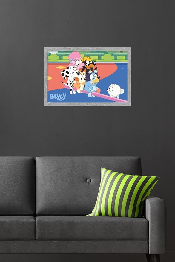 Bluey (2018) - Bluey and Friends See Saw Fun Wall Poster, 22.4L" x 14.7W", Gray Framed Version