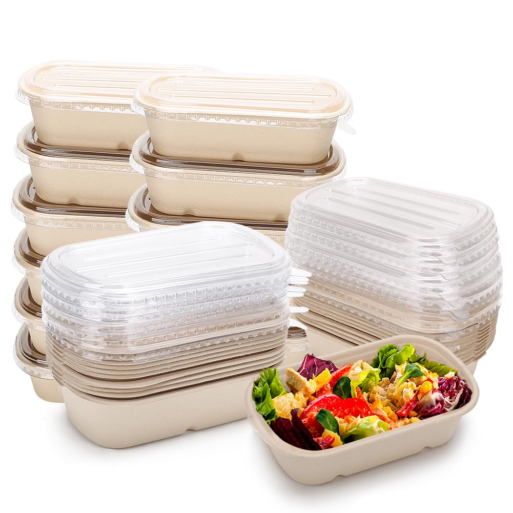 100 Pack 23 Oz Disposable Meal Prep Containers with Lids, Rectangle Paper Bowls with Lids for Salad,Leftovers, Leak-proof To Go Food Box Cardboard Lunch Box Compostable Take Out Food Containers