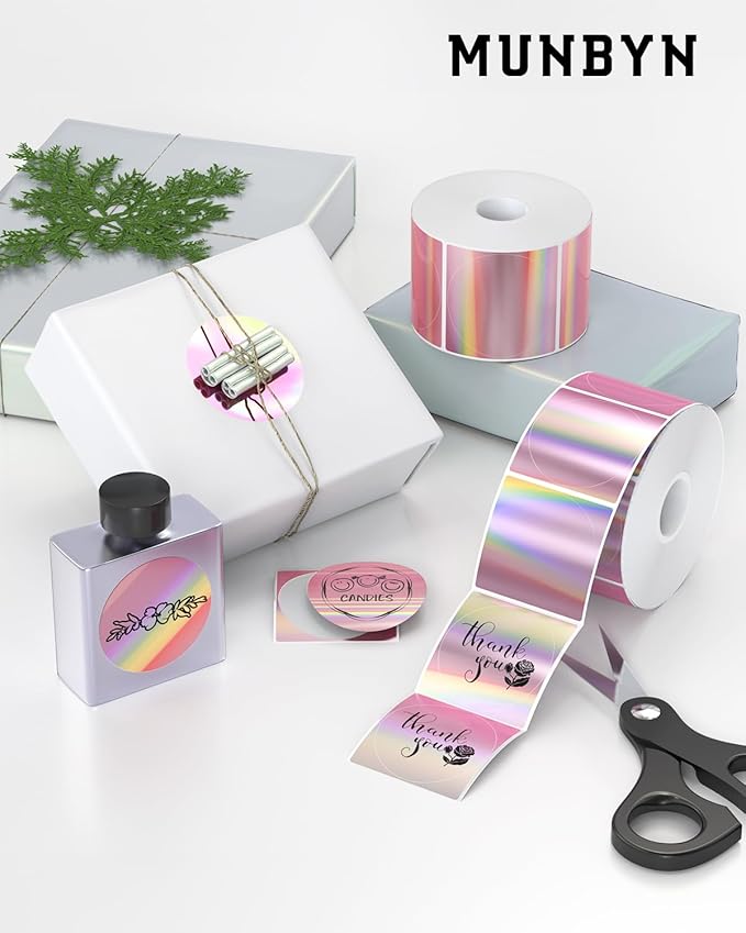 MUNBYN 2" Circle Holographic Thermal Label Stickers Pink, Round Printable Rainbow Glitter Thermal Printer Sticker Labels for Gift Wrapping, Self-Adhesive Name Price Tag DIY Custom Logo Design