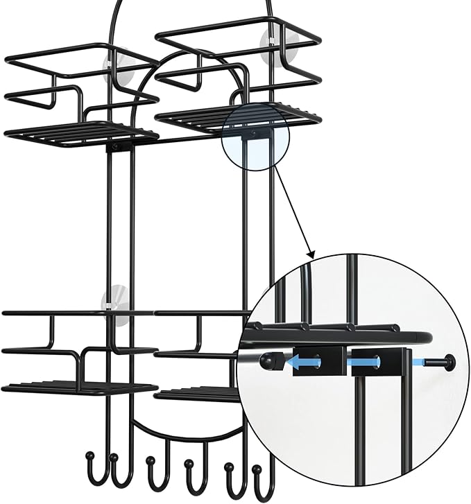 SRIWATANA Shower Caddy Hanging Over Head, Bathroom Shower Organizer Shower Rack Holder with Hooks for Razors - Black
