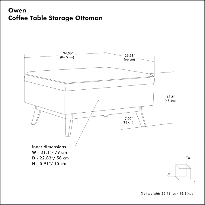 SIMPLIHOME Owen Coffee Table Storage Ottoman - 34 inch Wide Upholstered Vegan Leather Rectangular Lift-Top Ottoman in Distressed Grey Taupe, Mid-Century Modern Bench for Living Room with Tapered Legs
