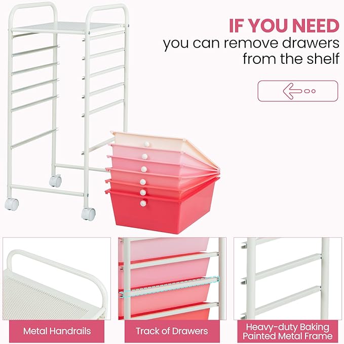 COSTWAY 6-Drawer Rolling Storage Cart, Multifunctional Art Craft Tools Organizer on Wheels, Heavy Duty Utility Mobile Storage Trolley w/ 2 Lockable Wheels for Home Office School, Mixed Pink