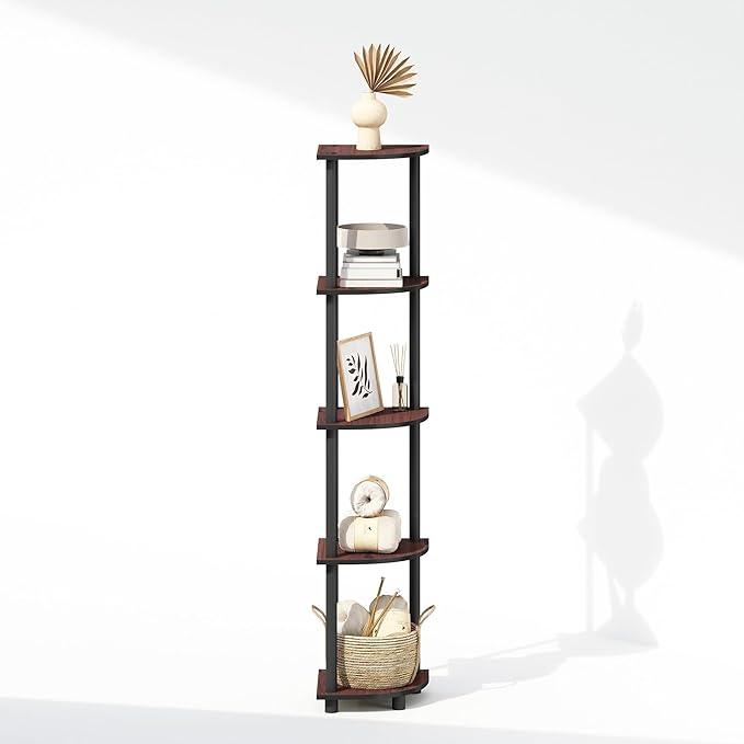 Furinno Turn-N-Tube Storage Shelves, 5-Tier Book Shelf, Corner Shelf, Toolless Open Shelves, for Organization and Storage, Living Room, Home Office, Hallway, Bedroom, Dark Cherry