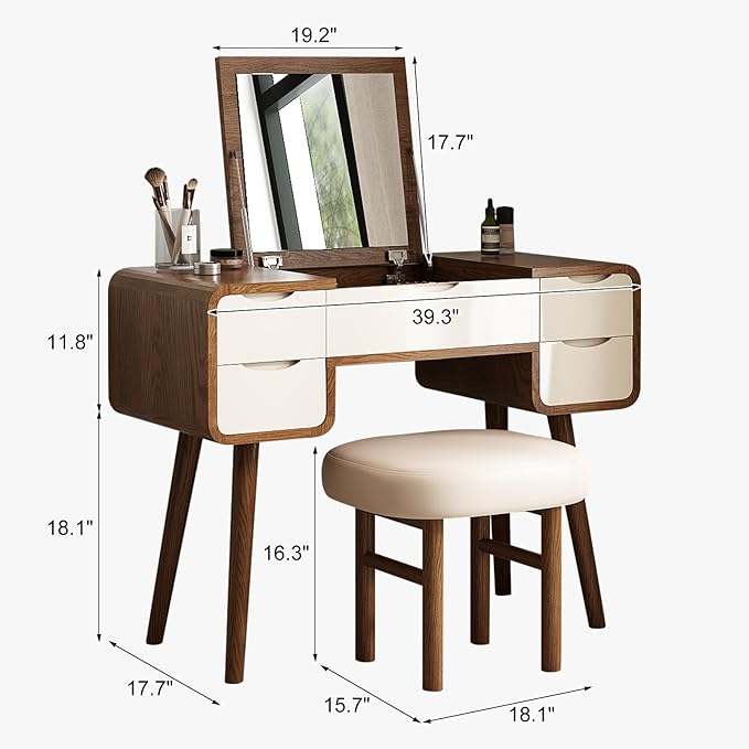 Lartis Flip Top Vanity Table Stylish Makeup Vanity with Stool, Makeup Vanity Desk, Reversible Makeup Mirror, Hidden Storage Compartment,Very Easy to Assemble,Can be Used as a Desk