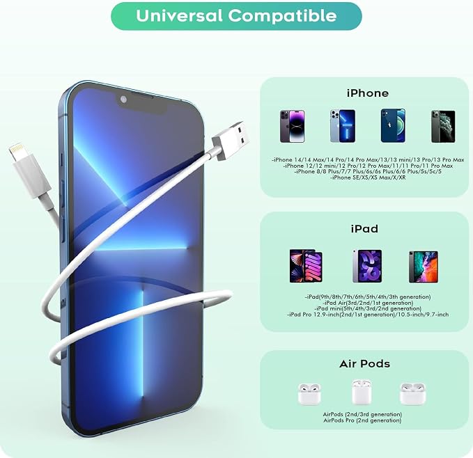 iPad ChargerFast Charge iPhone10FT i-Pad Charging Cord 12W i Pad Charger Fast Charging Block Foldable Portable Travel Plug with Extra Long Lightning Cable Cord Compatible with iPad/iPhone/Airpod