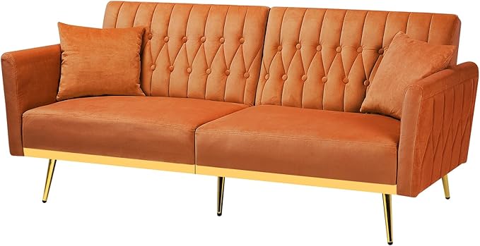 70” Velvet Futon Sofa Bed w/Adjustable Armrests & 2 Pillows, Convertible Futon Couch w/Adjustable Backrests, Modern Sleeper Bed for Living Room, Bedroom, Orange