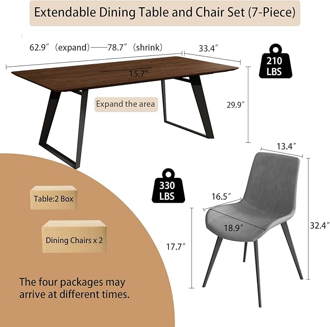ZckyCine 63"-79" Extendable Dining Table Set for 6, Modern Walnut Color Table with 6 Brown Chairs, Retractable Wood Table and Chair Set for Kitchen and Dining Room