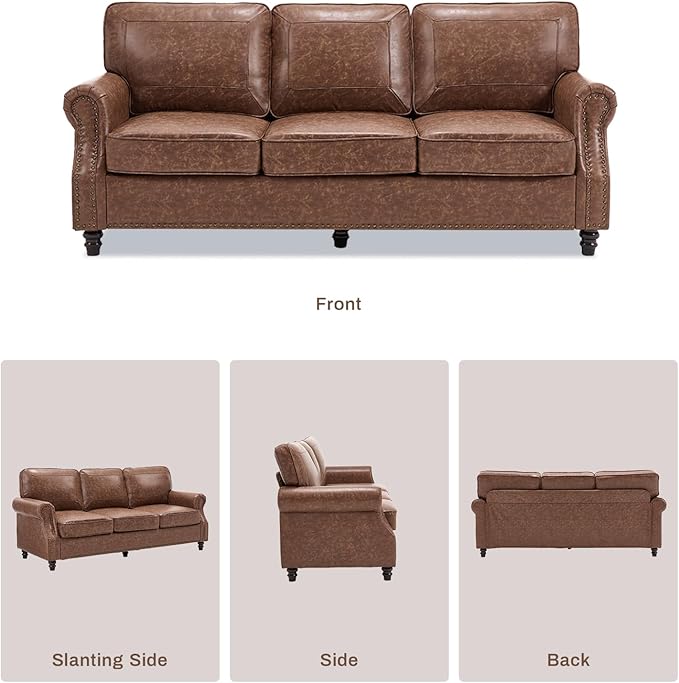 WILLOVE 79'' Faux Leather Sofas for Living Room, Mid Century Modern Couches with Rolled Arm & Nailhead Trim for Small Space, Apartment, Dark Brown