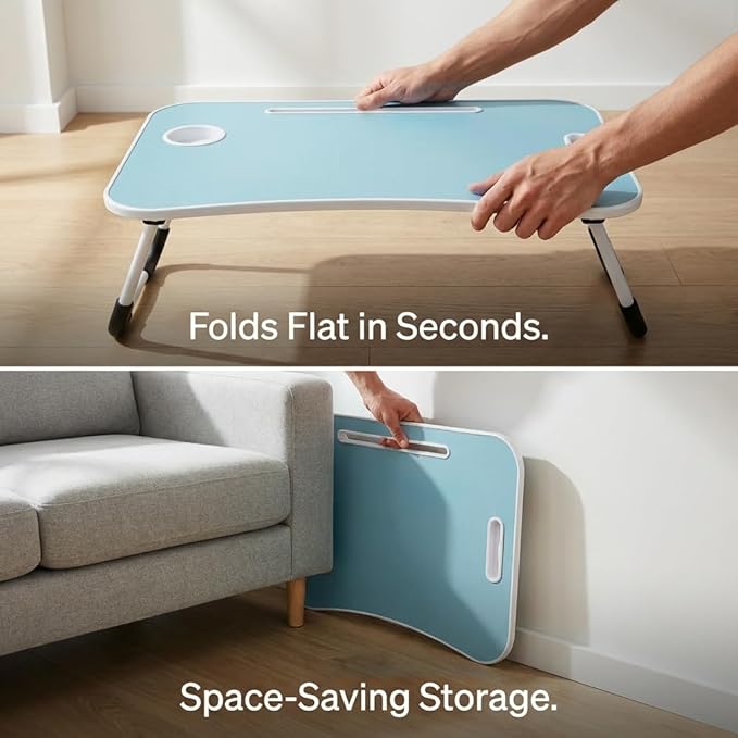 BUYIFY Folding Lap Desk, 23 Inch Portable Wood Blue Laptop Bed Desk Lap Desk with Cup Holder, for Working Reading Writing, Eating, Watching Movies for Bed Sofa Couch Floor- new005 Blue