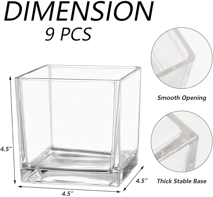 Square Glass Vases Set of 9, 5" x 5" x 5" Clear Flower Vases for Centerpieces, Square Vase for Flowers, Small Vase for Wedding, Party, Home Office Decoration