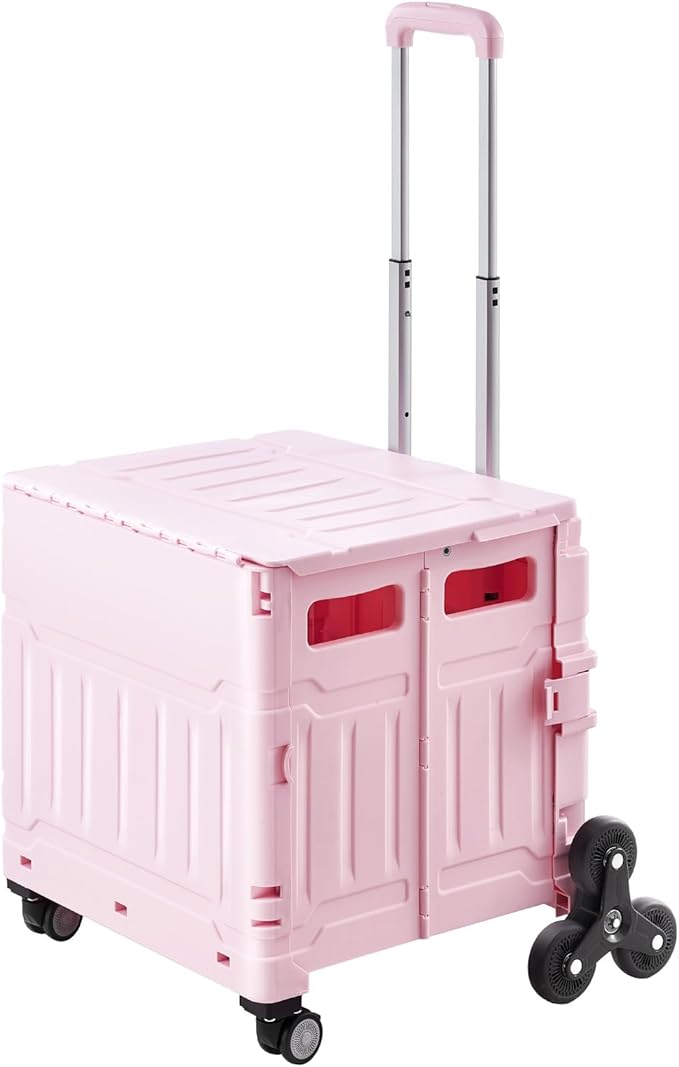 VEVOR Foldable Utility Cart, 65L Collapsible Portable Crate Rolling Cart with Stair Climbing Wheels & 360° Swivel Wheels, Hand Cart with Telescoping Handle for Shopping Office Moving Teacher, Pink