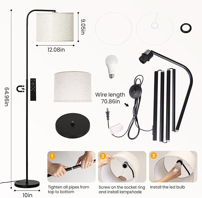 Remote Floor Lamp for Living Room and Bedroom - Modern Standing Lamps Tall with Led Blub and Dimmable Light - Black Arc Room Lights with Shade for Home Decor, Office, Corner and Reading