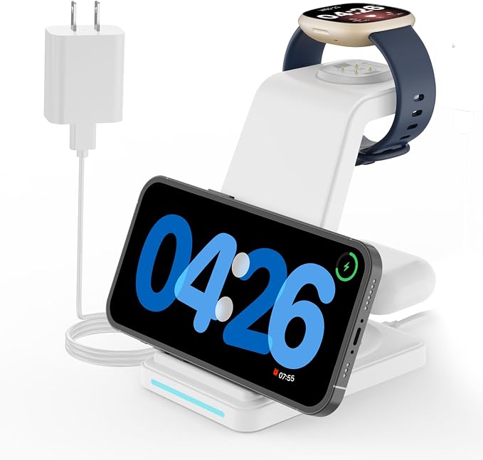 JoyGeek Charging Station for Fitbit Versa 4 3 Sense 2 3 in 1 Wireless Charger for iPhone 17 16 15 14 & Samsung S25 S24 Ultra Charging Dock for AirPods Pro Galaxy Buds Night Light Base
