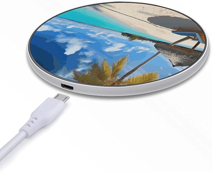 Tropical Beach Wireless Charger Aluminum Alloy Frame 10W Fast Charging Pad with Indicator Light 6mm Thin & Portable Wireless Charging Pad for Travel Home Office Desk