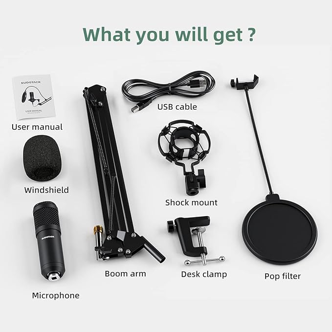 SUDOTACK USB Condenser Podcast Microphone for PC: Studio Microphone Kit with 192KHz/24bit Professional Sound Chipset Cardioid for Recording, Streaming, Gaming, Voice-Over, YouTube, Skype, Twitch