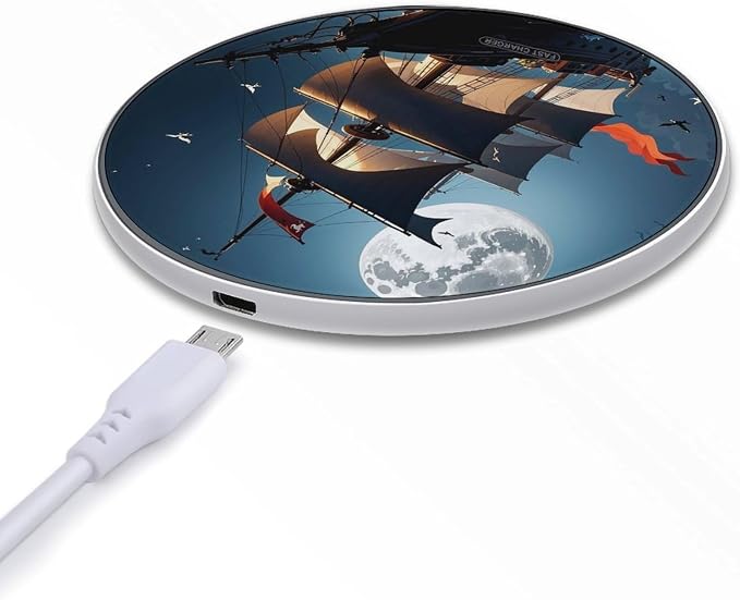 Pirate Sailboat Full Moon Wireless Charger Portable Fast Charging Pad Lightweight Wireless Charging Pad 10W Slim Charging Station for Phone Charger Mat for Travel Home Office Desk
