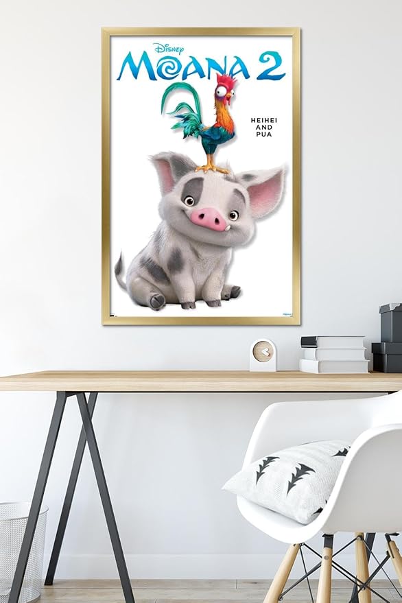 Disney Moana 2 - Heihei and Pua Feature Series Wall Poster, 34L" x 22.4W", Gold Framed Version