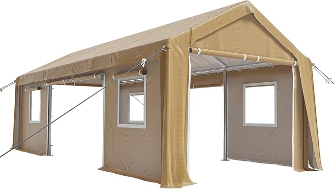 12x20ft Heavy Duty Carport Outdoor Canopy Portable Garage with 4 Doors & 4 Windows Waterproof UV Resistant Storage Shelter with Removable Sidewalls for Car Truck Boat, Earthy Yellow