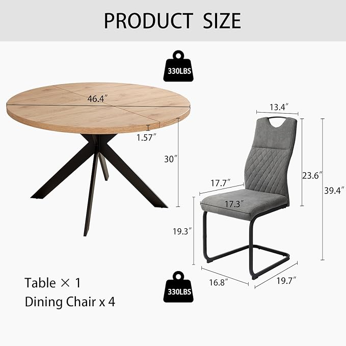 46.4" Round Dining Table and Chair Set, Mid Century Modern Round Dining Table for Set of 4, Coffee Table w/Steel Legs for Kitchen Dining Room, Office, Save Space
