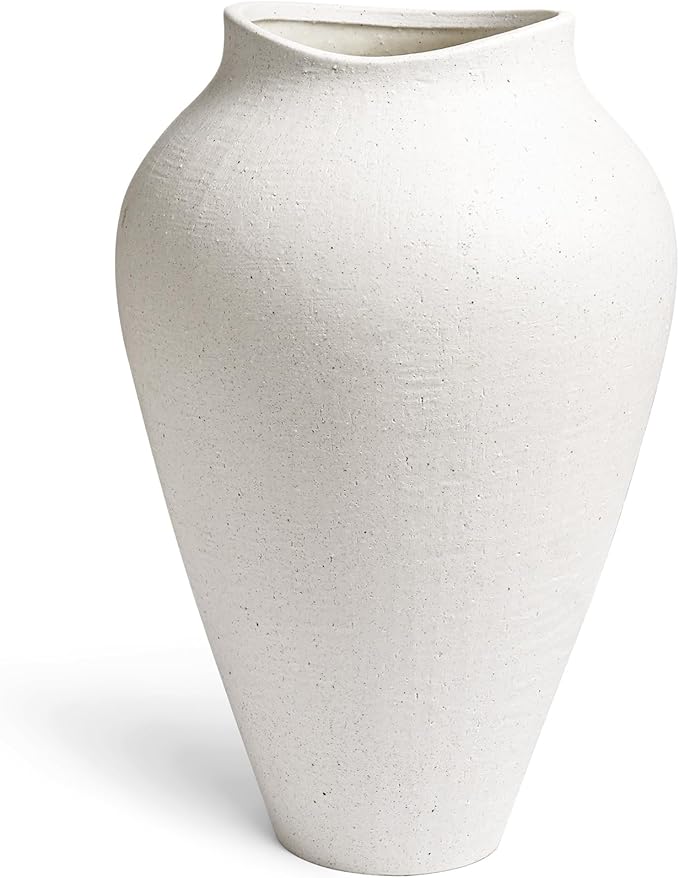 White Ceramic Vase - Large 13.6 Inch Tall Floor Vase for Centerpieces, Farmhouse Rustic Minimalist Home Decor for Living Room, Enterway, Wedding (Sandstone White)
