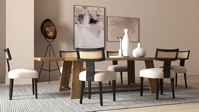 Rattan Dining Chairs Set of 4, Modern Dining Chair, Kitchen Dining Room Chair, Curved Cane Back Upholstered Linen Fabric Dining Chairs with Black Wood Frame, Beige