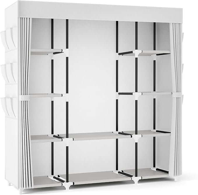 VTRIN Portable Closet Wardrobe for Hanging Clothes 57.3 Inch Large Capacity Clothes Rack with Cover, 10 Storage Organizer Shelves, 1 Hanging Rods and 6 Pockets, Free Standing Closet, White
