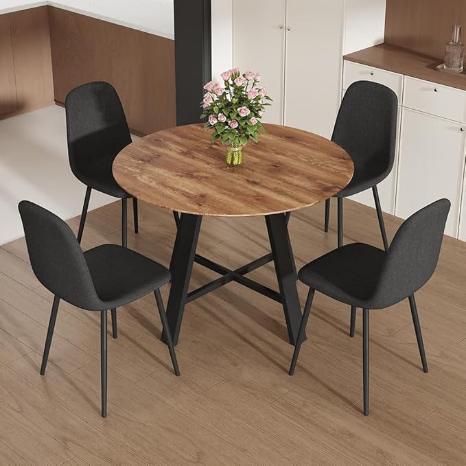 Round Dining Table Set for 4, Modern Kitchen Dining Table Chairs Set for 4, 42" Wood Dining Room Table Set & 4 Upholstered Chairs for Kitchen Living Office Cafe Small Space