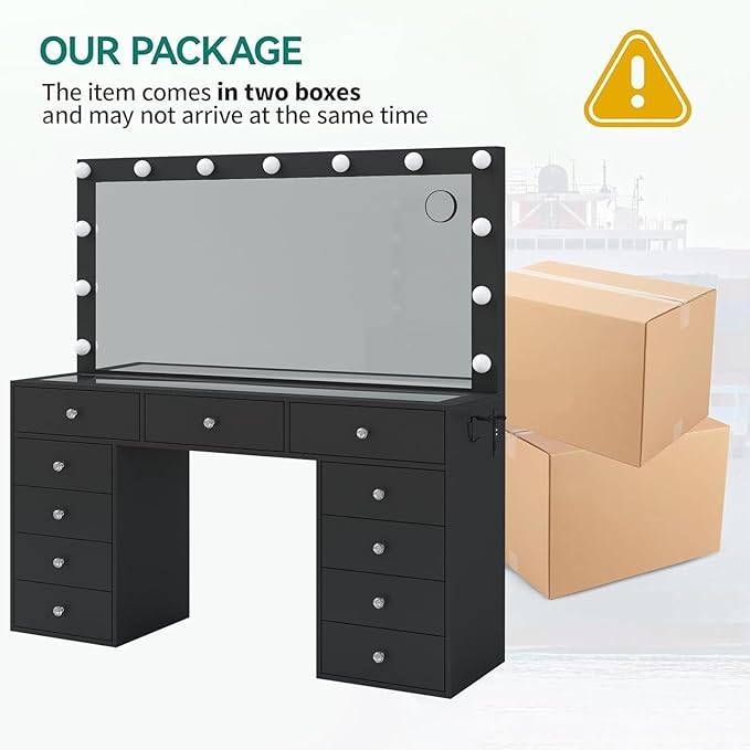 Vanity Desk, 11 Drawers Makeup Vanity with Power Outlet, Vanity Table with Mirror and Lights, 3 Color Lighting Modes, Dressing Table for Bedroom (Black)