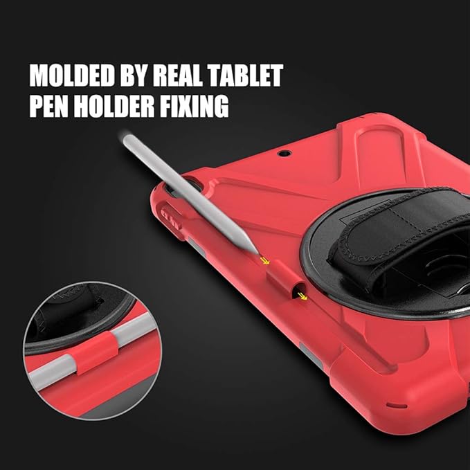ZenRich Shockproof Case for iPad 9th/8th/7th Generation 10.2 inch 2021/2020/2019, Heavy Duty Rugged Case with Pencil Holder/360° Rotating Kickstand/Handle/Carrying Strap, Red