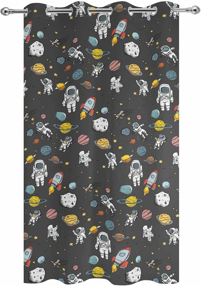 Cartoon Space Outdoor Curtains for Patio Rockets Planets Astronauts Gray