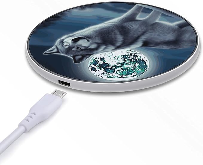 Wolf Under Moon Wireless Charger 10W Qi-Certified Fast Wireless Charging Pad with USB Cable & LED Indicator Fashion Charger Mat Portable Charging Station for All Qi-Enabled Phones