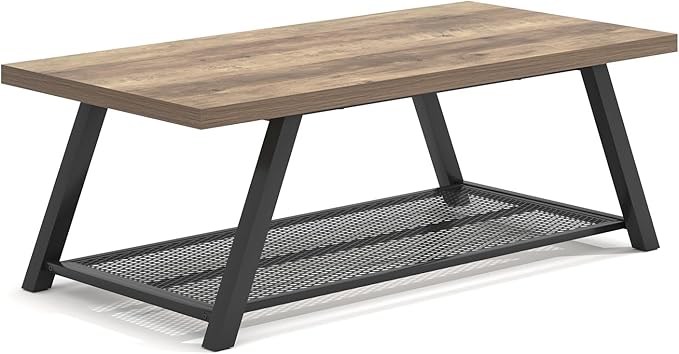 FOLUBAN Coffee Table, Modern Rustic Wood and Metal Center Table with Storage, Industrial Cocktail Tea Table for Living Room, Oak, 47 Inch