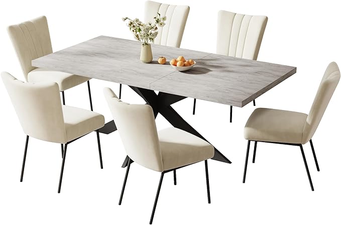 ZckyCine 51"-67" Extendable Dining Table Set with 6 Velvet Dining Chairs, Modern Rectangular Kitchen Table Set for 6-8 People, Space-Saving Expandable Dining Table with Metal Frame