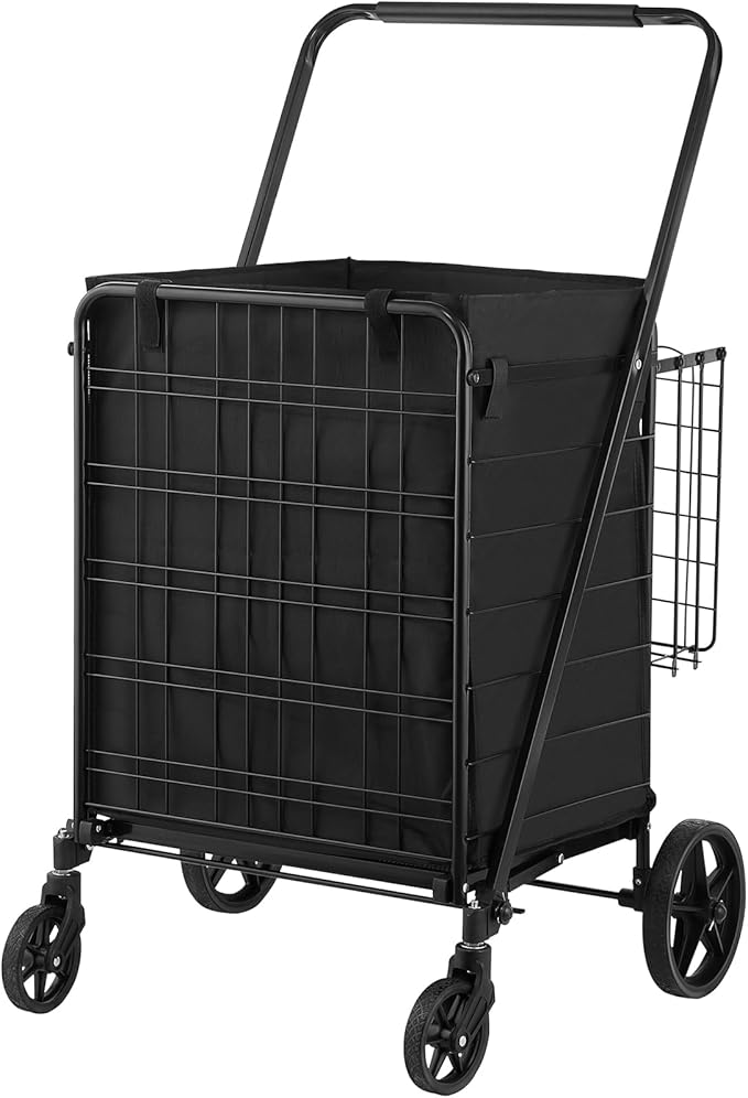 VEVOR Folding Shopping Cart with Removable Waterproof Liner, 330LBS Large Capacity Jumbo Grocery Cart with Dual Basket, 360° Swivel Wheels, Dense Metal Mesh Base, Heavy Duty Utility Cart for Shopping