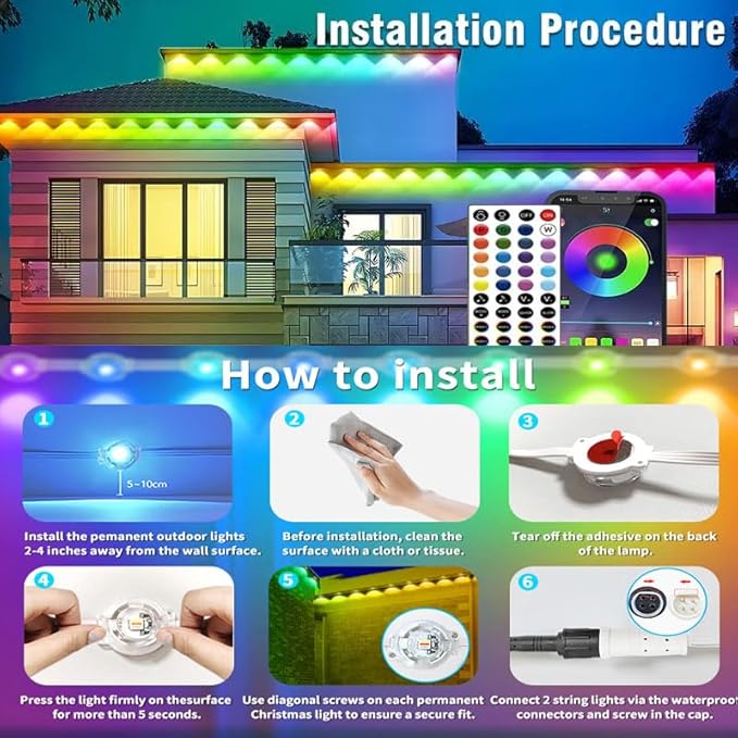 Permanent Outdoor Lights,100ft RGB + IC Smart LED Eaves Lights with App & Remote Control, IP67 Waterproof,for Christmas and All Holiday Decor,Daily and Accent Lighting,House Roof and Garden Lighting