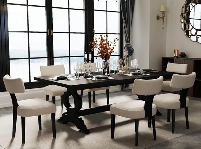 Upholstered Dining Chairs Set of 6 Modern Wooden Kitchen Chairs Fabric Side Dining Room Chair Farmhouse Dinner Chair, Beige